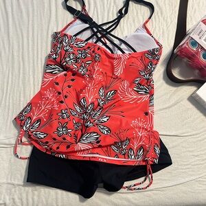 Vibrant Coral Floral Swim top and swim short.